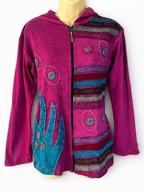 Kyber Outerwear Boho Patchwork Zip Front Hoodie Women’s Medium Nepal Cotton